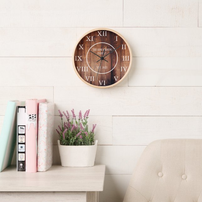 Rustic vintage dark wood family name farmhouse clock (Reading Room)
