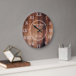 Rustic vintage dark wood family name farmhouse large clock<br><div class="desc">Rustic vintage,  dark barn wood wall clock with large Roman numbers.
You can personalize and add your own name and year established.</div>