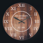 Rustic vintage dark wood family name farmhouse large clock<br><div class="desc">Rustic vintage,  dark barn wood wall clock with large Roman numbers.
You can personalize and add your own name and year established.</div>