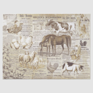 Rustic Vintage Domestic Animals Ephemera Beige Tissue Paper