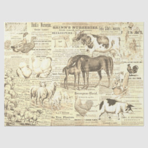 Rustic Vintage Domestic Animals Ephemera Beige Tissue Paper