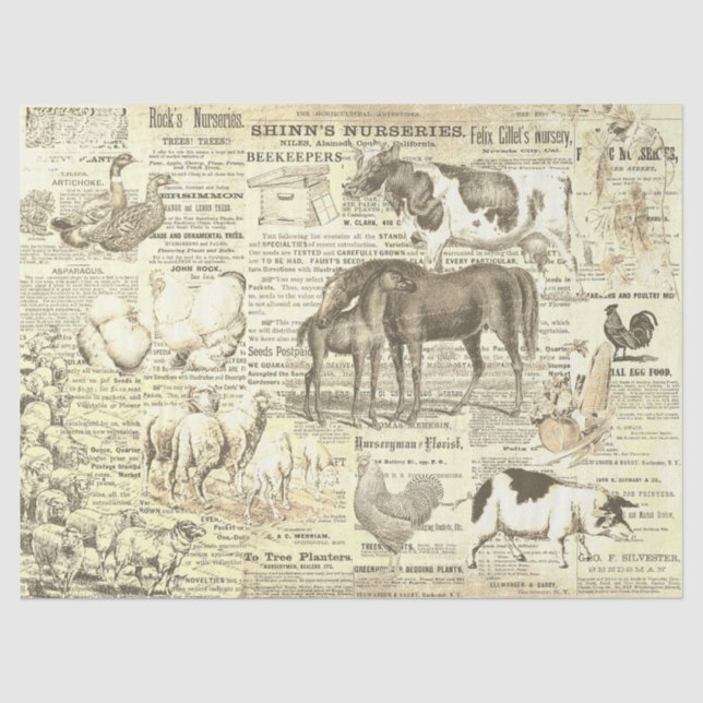Rustic Vintage Domestic Animals Ephemera Beige Tissue Paper (Front)