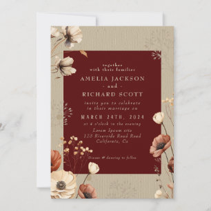 Rustic Vintage Dry wildflowers Burgundy Wedding Invitation