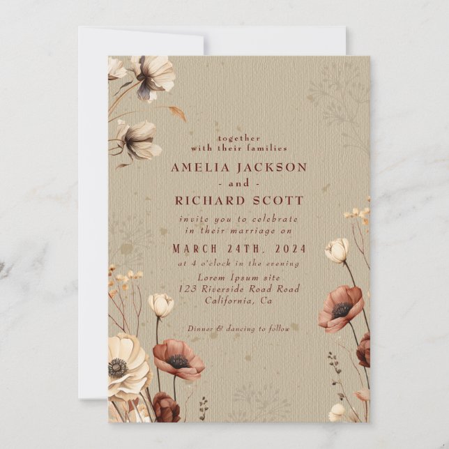 Rustic Vintage Dry wildflowers Burgundy Wedding  Invitation (Front)