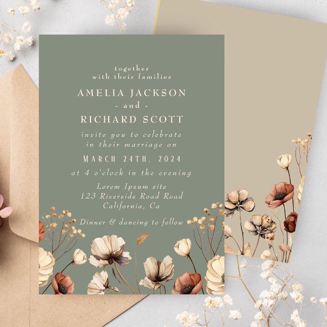 Rustic Vintage Dry wildflowers Sage green Wedding  Invitation (Creator Uploaded)
