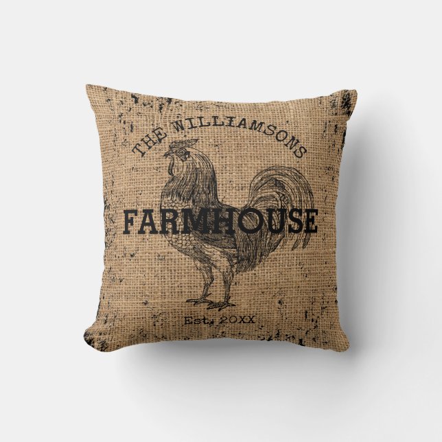 Rustic Vintage Family Name Farmhouse Rooster Throw Pillow (Front)