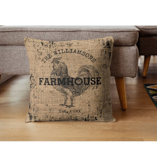 Rustic Vintage Family Name Farmhouse Rooster Throw Pillow