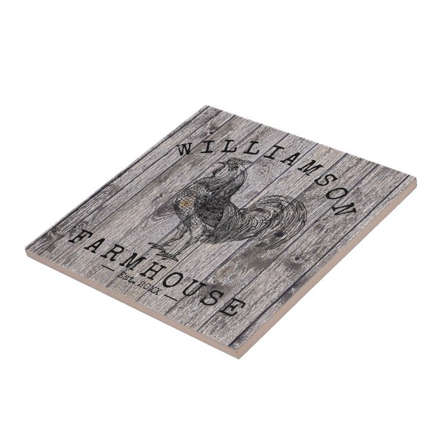 Rustic Vintage Family Name Farmhouse Rooster Wood Tile (Side)