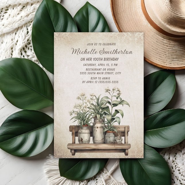 Rustic Vintage Farmhouse Plants 100th Birthday Invitation (Vintage potted plants 100th birthday party invitation)