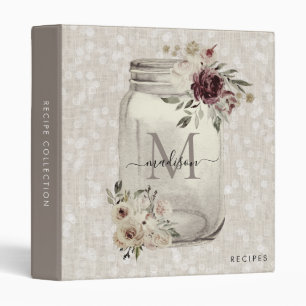 Rustic Vintage Floral Mason Jar Monogram Kitchen Binder