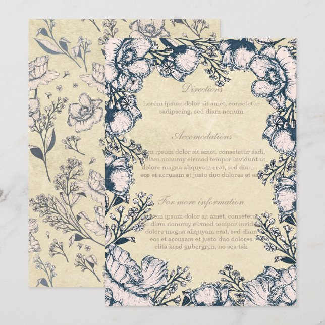 Rustic Vintage Flower Floral Wedding Directions Invitation (Front/Back)