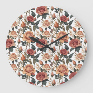Rustic Vintage Flower Red Rose Nature Print Large Clock