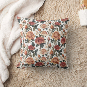 Rustic Vintage Flower Red Rose Nature Print Throw Pillow