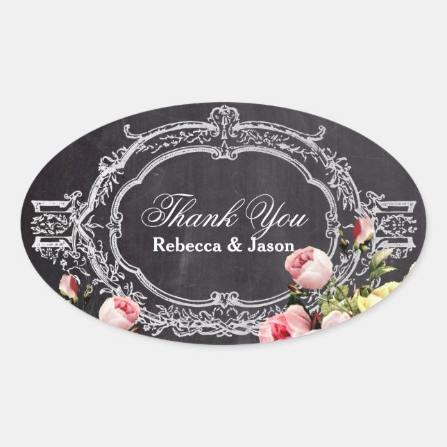 rustic  vintage flowers Chalkboard thank you Oval Sticker (Front)