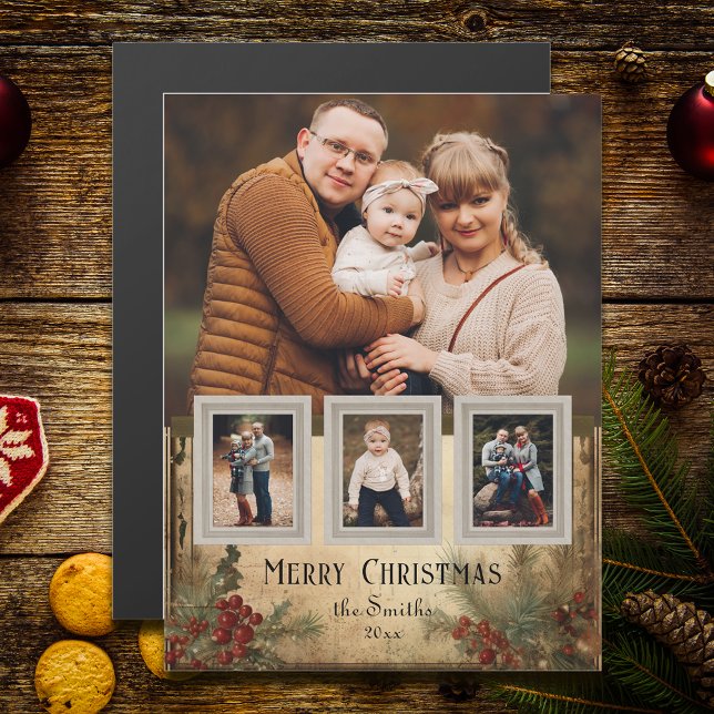 Rustic Vintage Four-Photo Merry Christmas Greeting (Creator Uploaded)