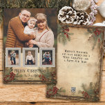 Rustic Vintage Four-Photo Merry Christmas Greeting Holiday Card<br><div class="desc">Rustic and nostalgic vintage-inspired holiday greeting card featuring large photo template with three small insert photos on antique snapshot frames on a distressed background featuring holly and evergreens in warm sepia tones. Back features complementary graphic background and text field.</div>