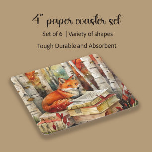 Rustic Vintage Fox Books Woodland Autumn Party Square Paper Coaster