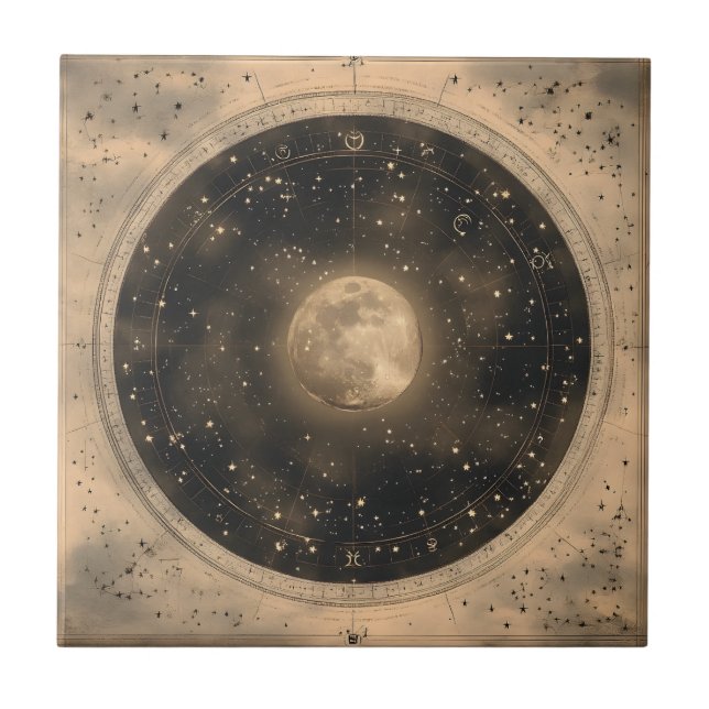 Rustic Vintage Full Moon Celestial Design Tile (Front)