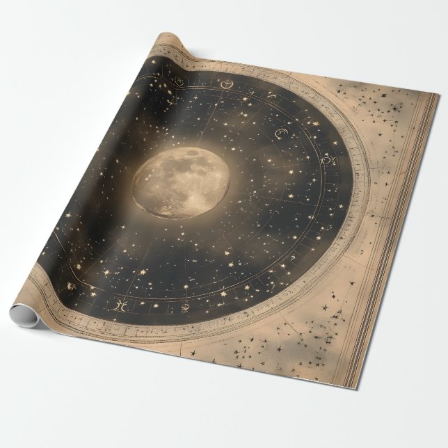 Rustic Vintage Full Moon Celestial Design Wrapping Paper (Unrolled)