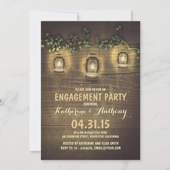 rustic vintage garden lights wood engagement party invitation (Front)