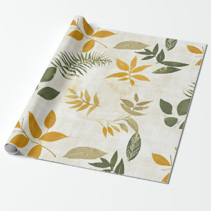 Rustic Vintage Gold and Green Leaves on Cream Wrapping Paper