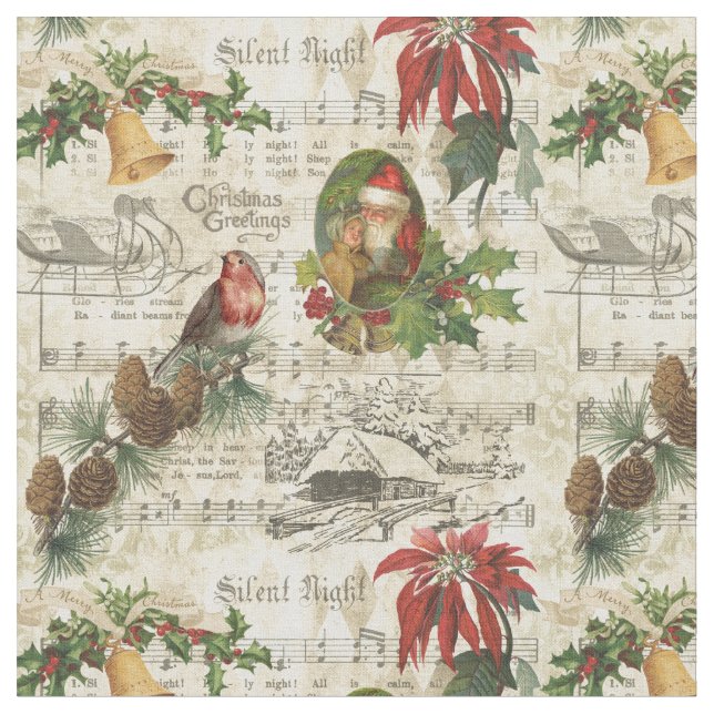 Rustic Vintage Gold Floral Christmas Ephemera Fabric (Close Up)