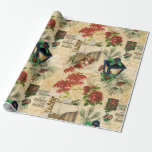 Rustic Vintage Gold Floral Christmas Ephemera Wrapping Paper<br><div class="desc">Elegant,  warm and timeless Christmas images featuring vintage red poinsettias and roses,  elegant illuminated typography,  glowing lantern,  holly,  music,  choir,  and robins on a gold distressed background with handwritten script,  ornate flourishes and grungy damask. Pattern is seamless and scalable.</div>