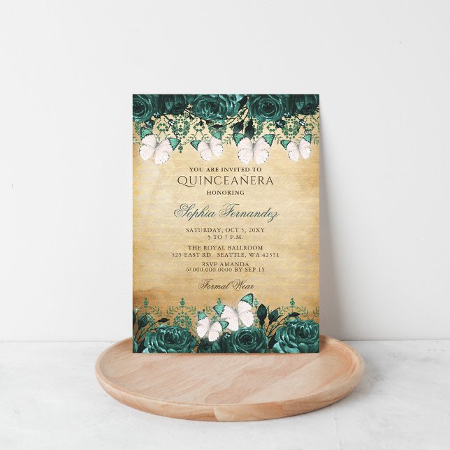 Rustic Vintage Green Floral Butterfly Quinceañera  Invitation (Rustic Vintage Green Floral Butterfly Quinceañera )