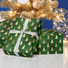 Rustic vintage green gold Christmas trees pattern Wrapping Paper
