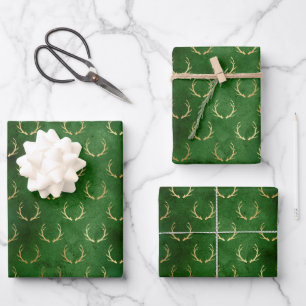 Rustic vintage green gold foil antlers pattern wrapping paper sheet