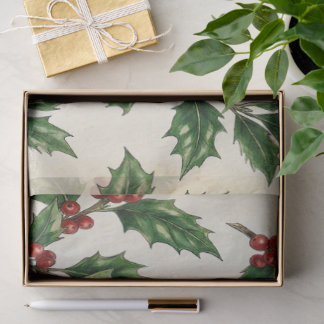 Rustic Vintage Holly and Berries Christmas Tissue Paper