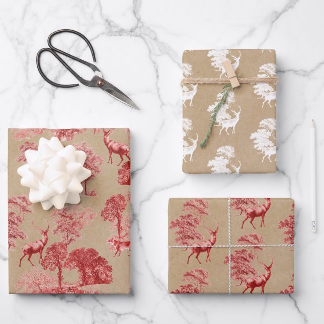 Rustic Vintage Kraft Paper Red Toile Deer (Front)