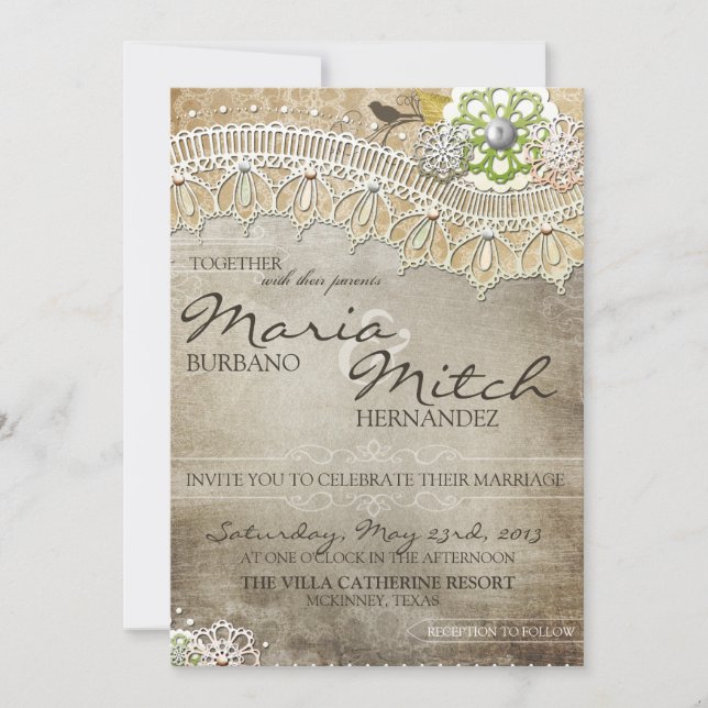 Rustic Vintage Lace Distressed Wedding Invitation (Front)