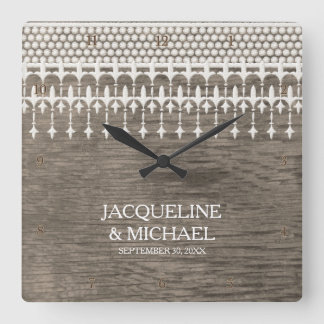 Rustic Vintage Lace Fence Board Script Typography Square Wall Clock