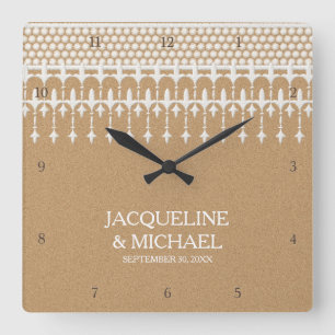 Rustic Vintage Lace Kraft Paper Script Typography Square Wall Clock