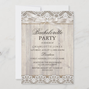 Rustic Vintage Lace & Wood Bachelorette Party Invitation