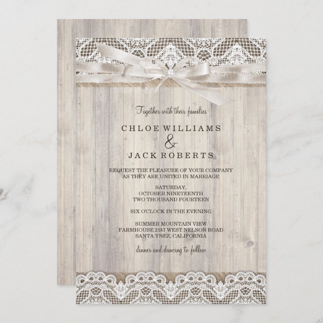Rustic Vintage Lace & Wood Wedding Invitation (Front/Back)