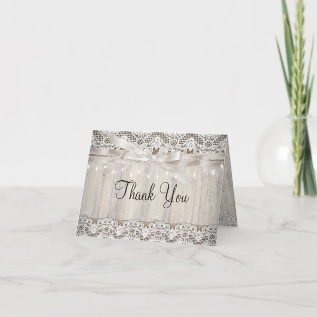 Rustic Vintage Lace Wood Wedding Lights Thank You (Front)