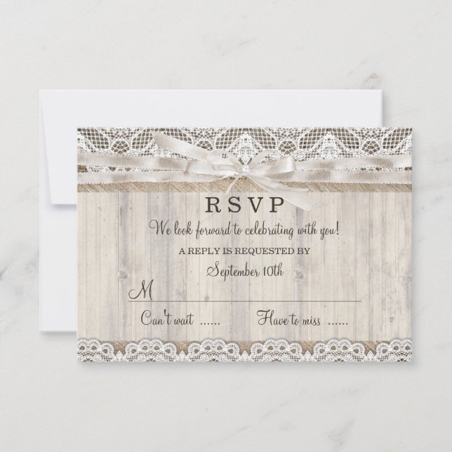 Rustic Vintage Lace & Wood Wedding RSVP (Front)