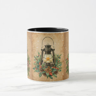 Rustic vintage lantern holly pine cozy festive mug