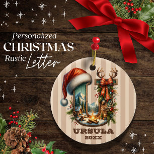 Rustic Vintage Letter U Christmas Personalizable Ceramic Ornament