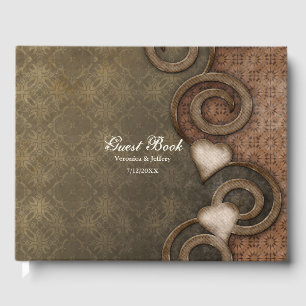 Rustic Vintage Looking Brown Hearts Wedding Guest Book