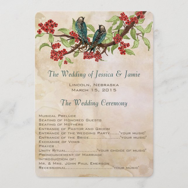 Rustic Vintage Love Bird Tea Stain Wedding Program (Front)