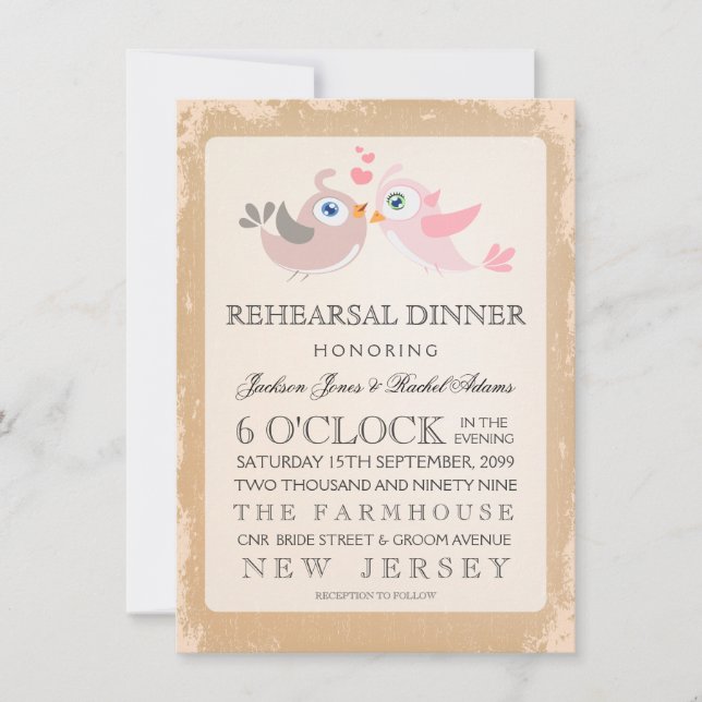 Rustic Vintage Love Birds Rehearsal Dinner Invite (Front)