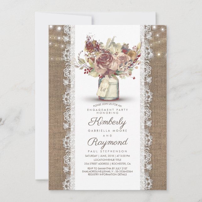 Rustic Vintage Mason Jar | Burlap Engagement Party Invitation (Front)