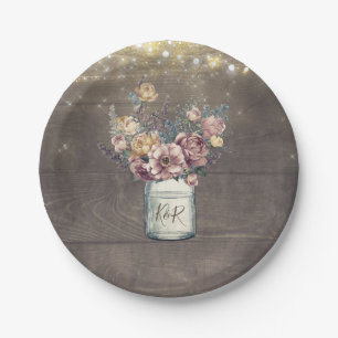 Rustic Vintage Mauve and Gold Floral Mason Jar Paper Plate