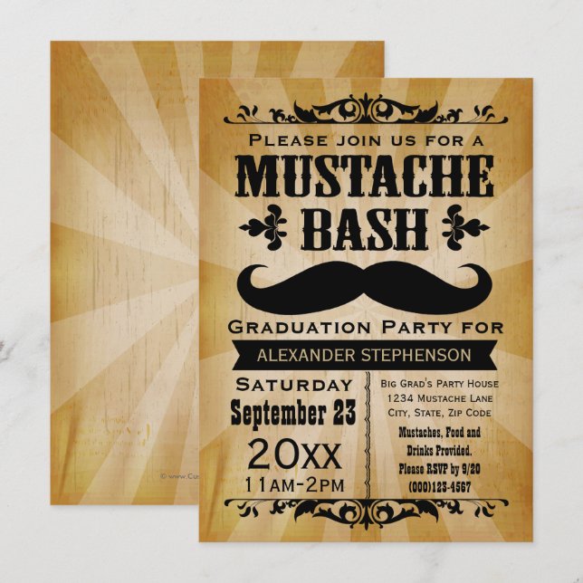 Rustic Vintage Moustache Bash Graduation Party Invitation (Front/Back)