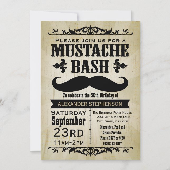 Rustic Vintage Moustache Bash Party Invitation (Front)