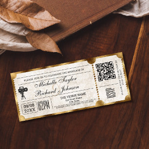 Rustic Vintage Movie Ticket with RSVP QR Code Invitation