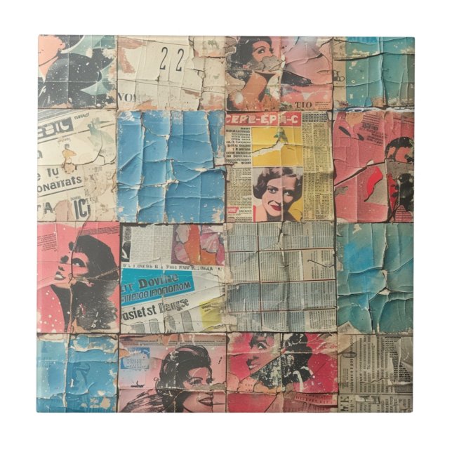 Rustic Vintage Newspaper Patchwork Collage (10) Tile (Front)